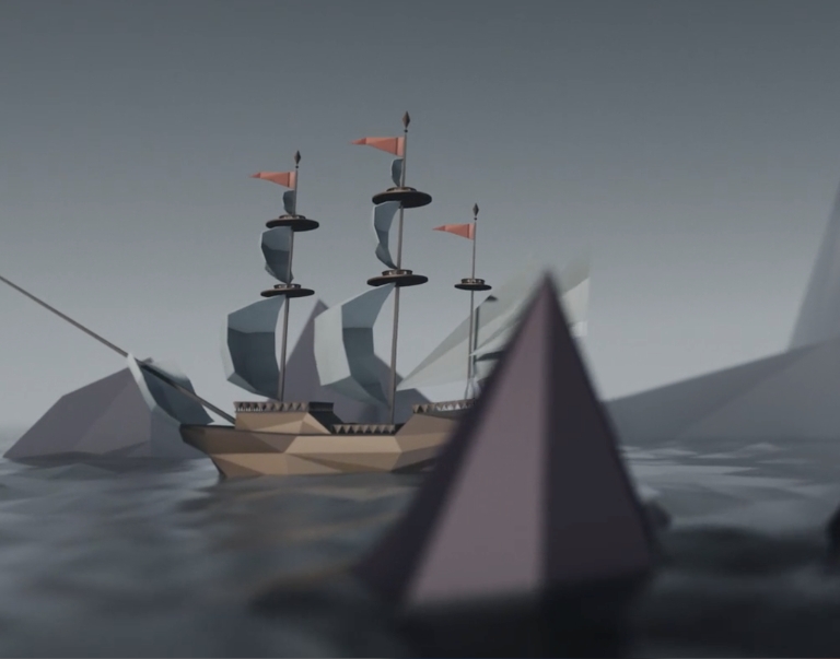 A low-poly style ship with three masts and red flags sails on wavy, dark water, surrounded by large angular rocks or icebergs under a gray, overcast sky.