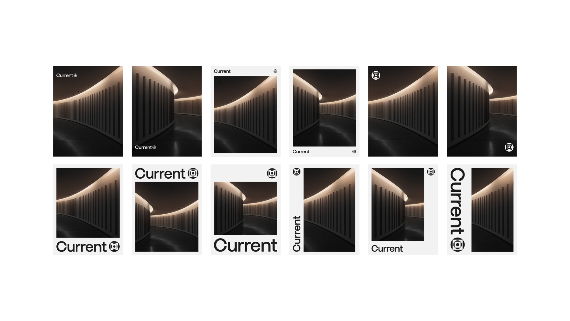 A grid of twelve minimalist posters features a winding staircase with a glowing handrail and dark vertical balusters. Each poster varies in framing, the presence of the word Current, and a circular logo.