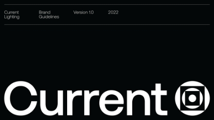A black cover page with white text reading Current Brand Guidelines Version 1.0 2022 at the top and Current in large letters with a geometric logo next to it at the bottom.