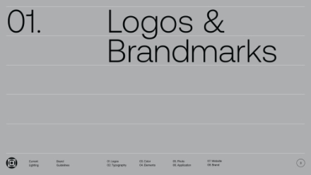 A gray slide titled 01. Logos & Brandmarks in large black text, with a minimalist design and a navigation menu at the bottom featuring sections like brand guidelines, logos, typography, color, and website.