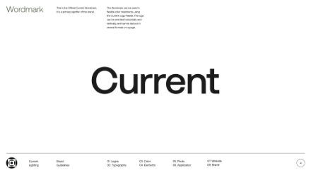 A white page displays the word Current in large, bold black letters at the center, with smaller text and navigation links along the top left and bottom edges.