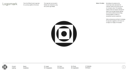 A black-and-white geometric logo with concentric circles and squares is centered on a white background. Text about the logos design and rules appears at the top and sides of the image. Icons and section labels are at the bottom.