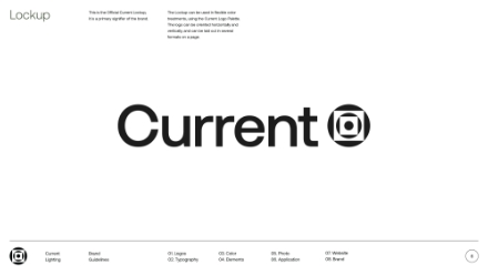 The image shows the word Current in bold black font with a circular icon containing geometric shapes to the right of the word, all on a white background. Minimalist design elements are present.