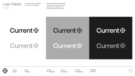 A logo palette displays three versions of a Current logo: black on gray, white on light gray, and white on black. Each features the word Current with a circular icon on the right.