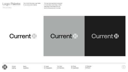 A logo palette showing the Current logo in three color variations: black text on a white background, black text on a gray background, and white text on a black background.