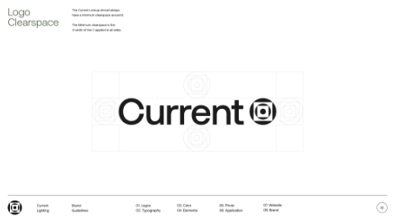 A design layout showing the Current logo in black text with a circular icon at the end, centered on a white background with faint guidelines illustrating logo clear space.