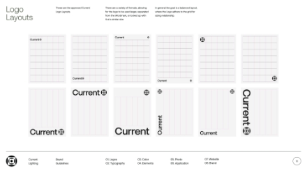 A grid layout sheet shows ten variations of a circular logo with the word Current placed in different positions and orientations on each square, demonstrating possible logo placements. Text and labels appear above and below.