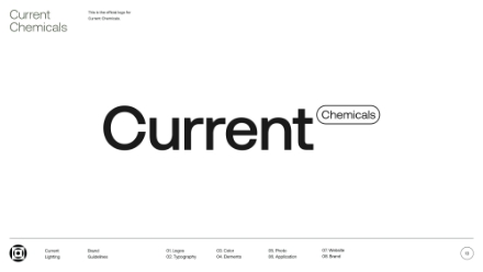 A minimalist webpage displays the logo for Current Chemicals in bold black text on a white background. Menu options are listed at the bottom, including Lighting, Guidelines, Logos, Topography, Color, Elements, Photo, Application, Website, and Brand.