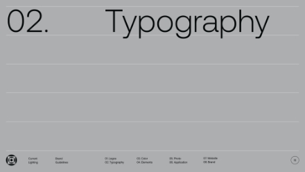 Light gray slide with the large text 02. Typography across the top. A navigation bar with small labels and icons appears along the bottom edge of the image.