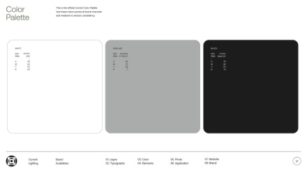Three large squares show a color palette: white on the left, gray in the middle, and black on the right, each labeled with their color codes. Navigation options are displayed at the bottom of the image.