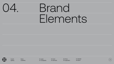 A gray slide with large black text reading 04. Brand Elements and a small horizontal navigation menu with icons and labels along the bottom.