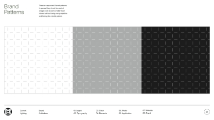 Three rectangular panels in white, gray, and black each display the same geometric grid pattern made of plus signs and lines. Header reads Brand Patterns with navigation and brief text at the top.