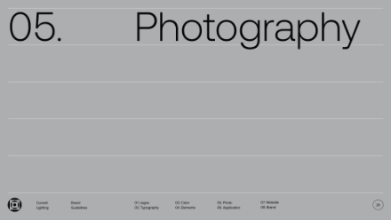 A minimalist gray slide with large text reading 05. Photography at the top. Thin white lines divide the slide, and small icons and labels appear along the bottom edge.