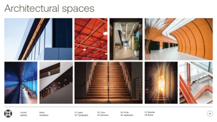 A collage of ten modern architectural photos, including building exteriors, unique ceilings, illuminated hallways, staircases, and corridors with creative lighting and geometric designs. The title reads Architectural spaces.