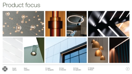 A collage of modern lighting designs, including hanging bulbs, rings, spotlights, and architectural lights on building exteriors, shown under the heading Product focus.