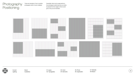 A layout guide showing various grid-based photo positioning examples for consistent photography alignment, with different image sizes and placements on a white background.