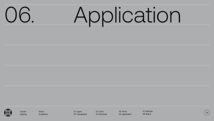 Large text 06. Application is centered on a gray background with thin white lines. Along the bottom are small white icons and text labels for different sections, such as Logo, Typography, and Color.