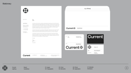 A branded stationery set on a gray background includes a letterhead, envelope, business cards, and note card, all labeled Current with a modern black and white design and circular logo elements.