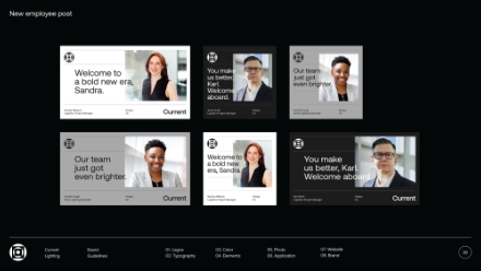 A slide displays six sample employee welcome posts featuring portraits of three individuals, each with welcoming text and the Current company logo, showing various layouts and color schemes.