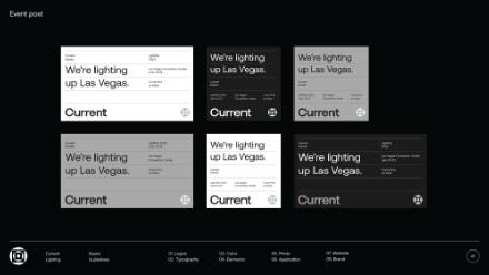 A digital design layout shows six variations of a card reading Were lighting up Las Vegas. Current on a black background, with differences in color, contrast, and text formatting.