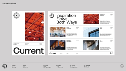 Two pages of a branding guide feature architectural lighting photos, bold text reading “Inspiration Flows Both Ways,” and sections about logo, typography, color, photo, applications, website, and brand at the bottom.