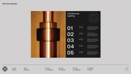 A brochure spread featuring a close-up photo of a metallic cylindrical object on the left and a black section on the right with Architectural Lighting and a numbered list of five items in white text.