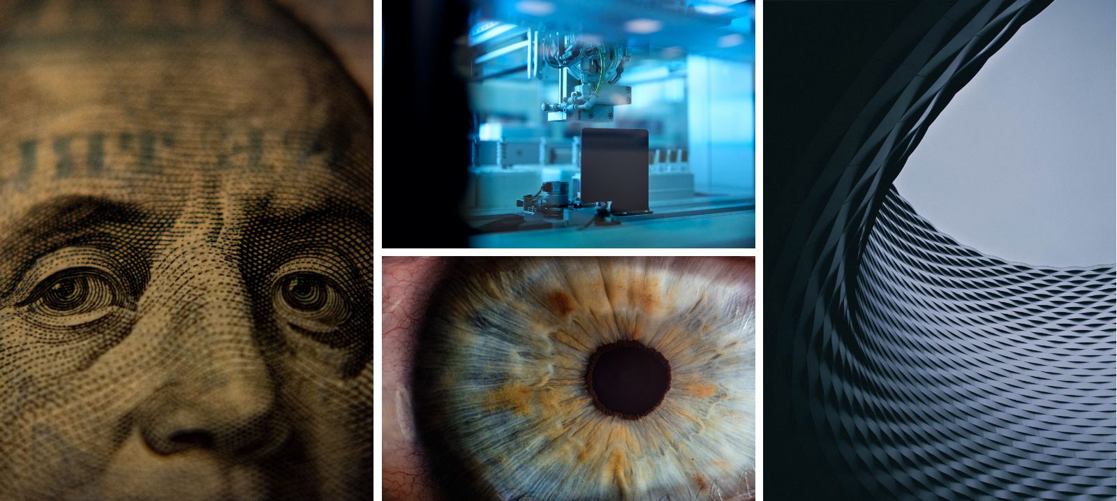 A collage with four images: a close-up of Benjamin Franklin’s face on a bill, laboratory equipment, a detailed human eye, and a modern wavy architectural structure with circular opening.