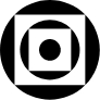 A black and white geometric design featuring concentric circles and squares, with a black circle in the center surrounded by a white square, all enclosed within a black circle.