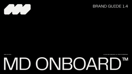 Black background with a white abstract logo in the top left, text BRAND GUIDE 1.4 in the top right, and large text at the bottom reading MD ONBOARD. Small white text appears under the logo.