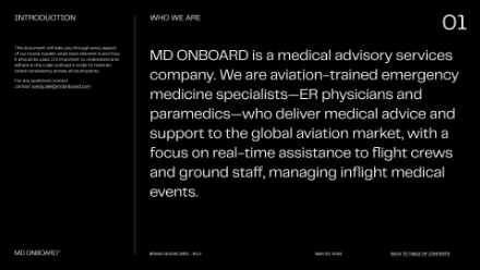 Slide with white text on a black background introducing MD ONBOARD, a medical advisory company specializing in aviation medicine and emergency care for flight crews and ground staff, focusing on real-time inflight events.