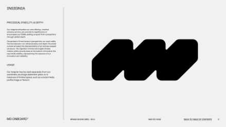 A minimalist design slide features a large black abstract geometric insignia on the right and descriptive text on the left explaining the insignias meaning and usage in branding. The background is light gray.