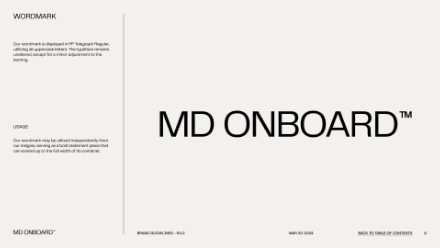 A slide titled WORDMARK displays large black text MD ONBOARD™ centered on a white background. The left side explains the wordmarks usage and objective for employee learning materials.