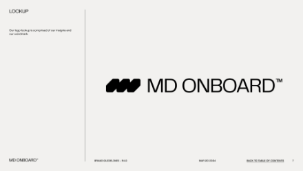 Black geometric MD icon followed by the text MD ONBOARD™ in bold, uppercase letters on a white background, with small grey text and lines framing sections of the document.