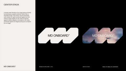 A design slide showing two versions of the MD ONBOARD logo: one in solid white and one with a sky and clouds texture. Text on the left explains the logos use and alignment. Black background.