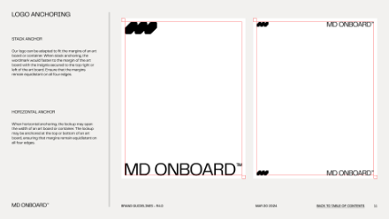 A design guideline showing logo anchoring examples. The left shows a logo anchored at the top left; the right shows a logo anchored at the bottom right. MD ONBOARD™ text is used in both layouts.