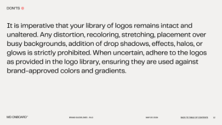 A slide with the heading DON’TS describes best practices for logos, stating not to distort, recolor, stretch, or add effects, and to use only approved logos, colors, and gradients from the logo library.