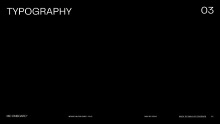 Black slide with the word TYPOGRAPHY in large white letters at the top left, 03 at the top right, and small text at the bottom corners. The overall design is minimalist.