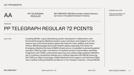 Sample page displaying typography specifications for PP Telegraph Regular font at 72 points, including text size, line spacing, and sample paragraphs describing medical advisory services.