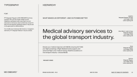 A black-and-white layout design defines typography hierarchy, showing font types and sizes, with the main headline: Medical advisory services to the global transport industry. Various font styles and guidelines are labeled.