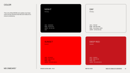 Four color swatches labeled NIGHT (black), DAY (white), SUNSET (bright red), and DEEP RED (dark red), each with HEX, RGB, and CMYK values. Text on the left explains the purpose of the official color palette.