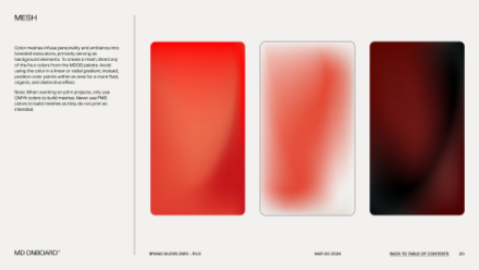 Three rectangular panels display abstract, blurred red and black gradients, side by side on a white background with descriptive text about mesh color morphs on the left side.