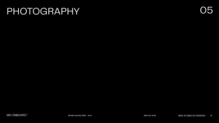A black slide with PHOTOGRAPHY in large white text at the top left and 05 at the top right; small text along the bottom reads MD ONIAMOD, SPVSAS CLASS, S24 - RISD, MAY 23, 2024, and THE SCHOOL OF CONTINUED ED.