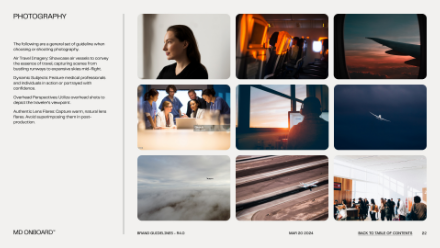 A two-page spread features photography guidelines on the left and a 3x3 grid of diverse photos on the right, including portraits, airplane scenes, landscapes, and people meeting in work settings.