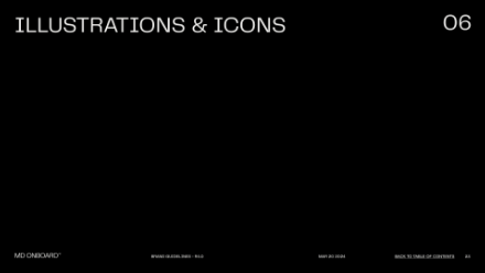 Slide with a black background and the text ILLUSTRATIONS & ICONS at the top left, and the number 06 at the top right. Small white text is at the bottom corners. No illustrations or icons are present.