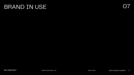 Black slide with white text reading BRAND IN USE in the top left corner and 07 in the top right corner. Small text at the bottom includes MD OKAWOD, SPX-02 CLASS: BASE - HUB, and MAY 27, 2024.