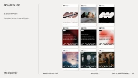 A digital mockup displays nine Instagram post examples arranged in a grid, each with modern graphics, text overlays, and the words MD ONBOARD featured on several posts. The left side has the heading Brand in Use.