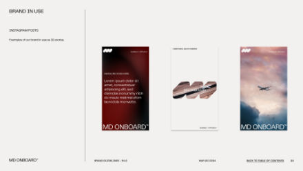 Three sample Instagram post mockups for MD ONBOARD. The first has placeholder text on a dark background, the second shows paper airplane cutouts, and the third features an airplane flying in a pink sky.