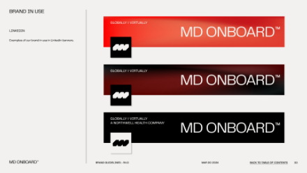 Three MD Onboard™ branded LinkedIn banner examples are shown: one with a solid red background, one with a gradient red to black background, and one with a solid black background, all featuring the MD Onboard logo.