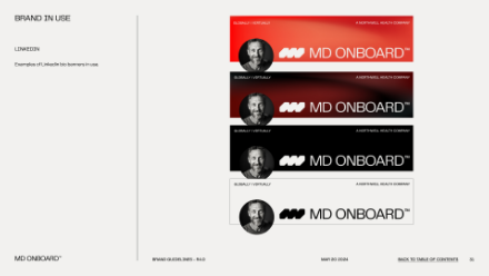 A slide showing four variations of a LinkedIn banner for MD ONBOARD, each with a photo of a man, the MD ONBOARD logo, and different background colors: red, black, gray, and white. Text appears on the left side.