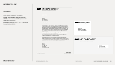 A brand design mockup for MD ONBOARD displaying a letterhead, business card (front and back), and envelope. All items feature a minimalist black logo and text on a white background.